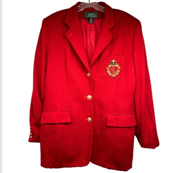 Vintage Lauren Ralph Lauren METAL CREST Logo Wool Blazer Womens 12 red jacket - Picture 1 of 13